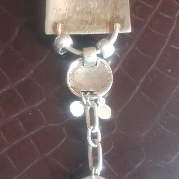 Vintage Pendant Necklace Silver Tone Metal 26" Brown, Orange & Silver Pendant - Picture 2 of 8